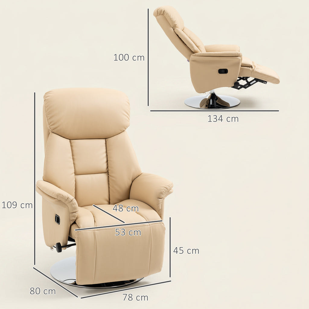 Adjustable Swivel Recliner, Manual Recliner Chair with Footrest, Padded Arms, PU Leather Upholstery, Beige