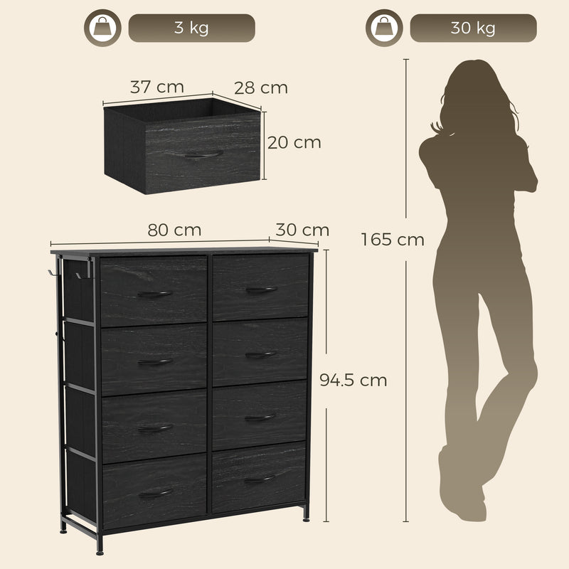 HOMCOM Chest of Drawers, Dresser with 8 Fabric Drawers, Tall Storage Unit with 4 Pockets and 2 Hooks Steel Frame, Black – view 3