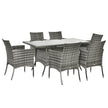 Grey 6-seater rattan dining set with rectangular glass-top table and six cushioned armchairs
