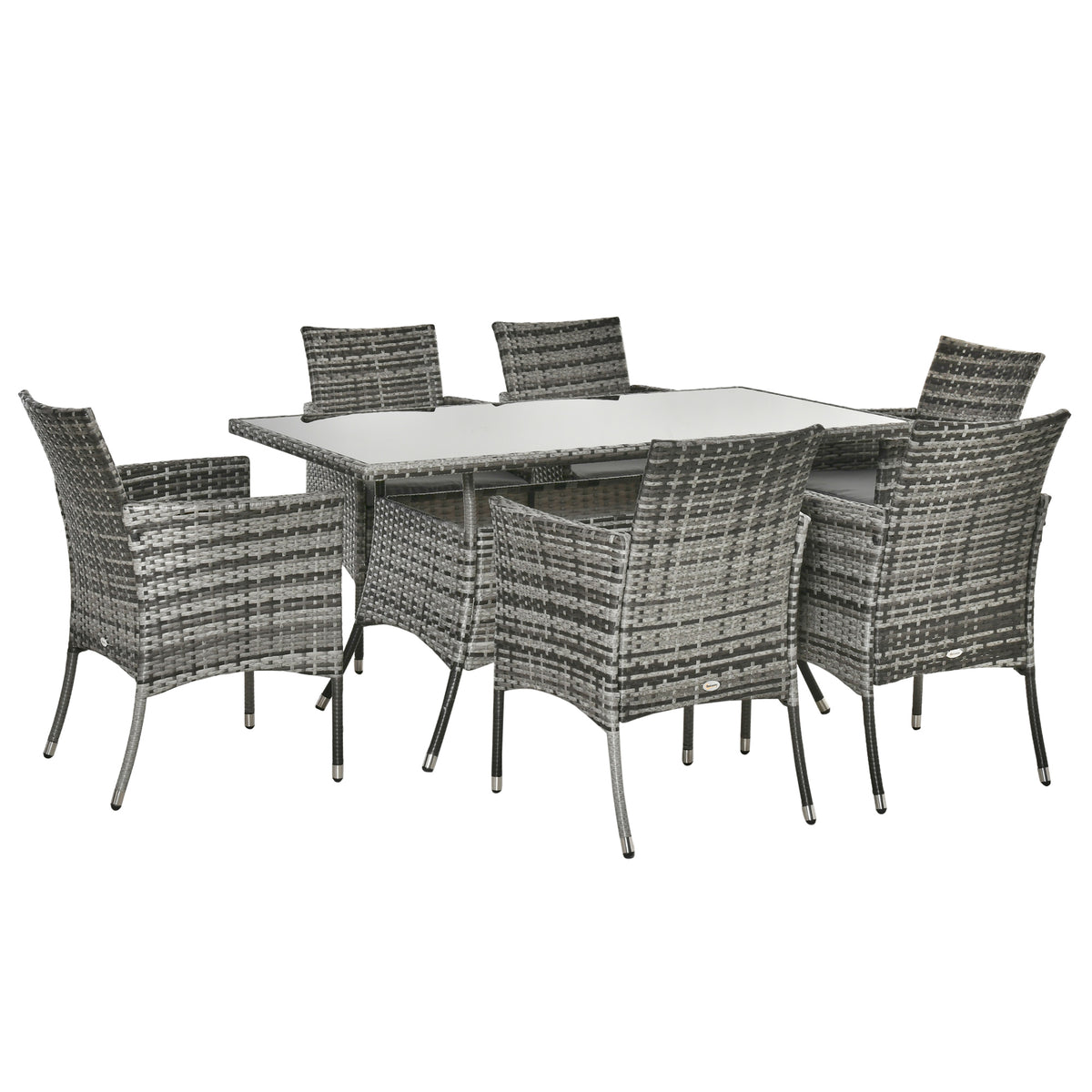 Grey 6-seater rattan dining set with rectangular glass-top table and six cushioned armchairs