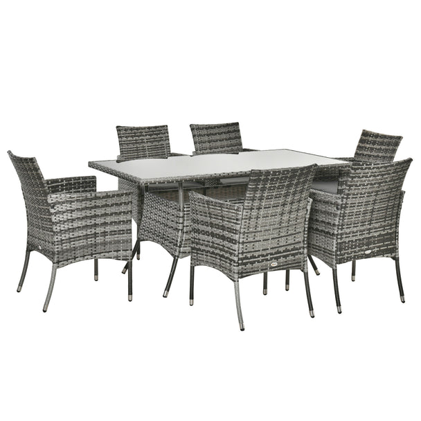 Grey 6-seater rattan dining set with rectangular glass-top table and six cushioned armchairs
