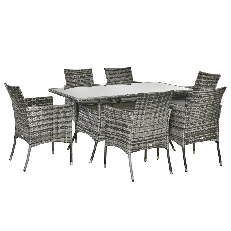 Grey 6-seater rattan dining set with rectangular glass-top table and six cushioned armchairs