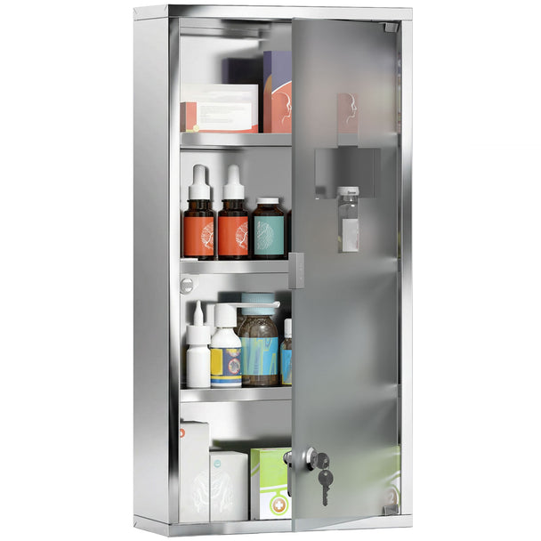 Silver stainless steel wall-mounted medicine cabinet with lockable frosted glass door and first aid cross