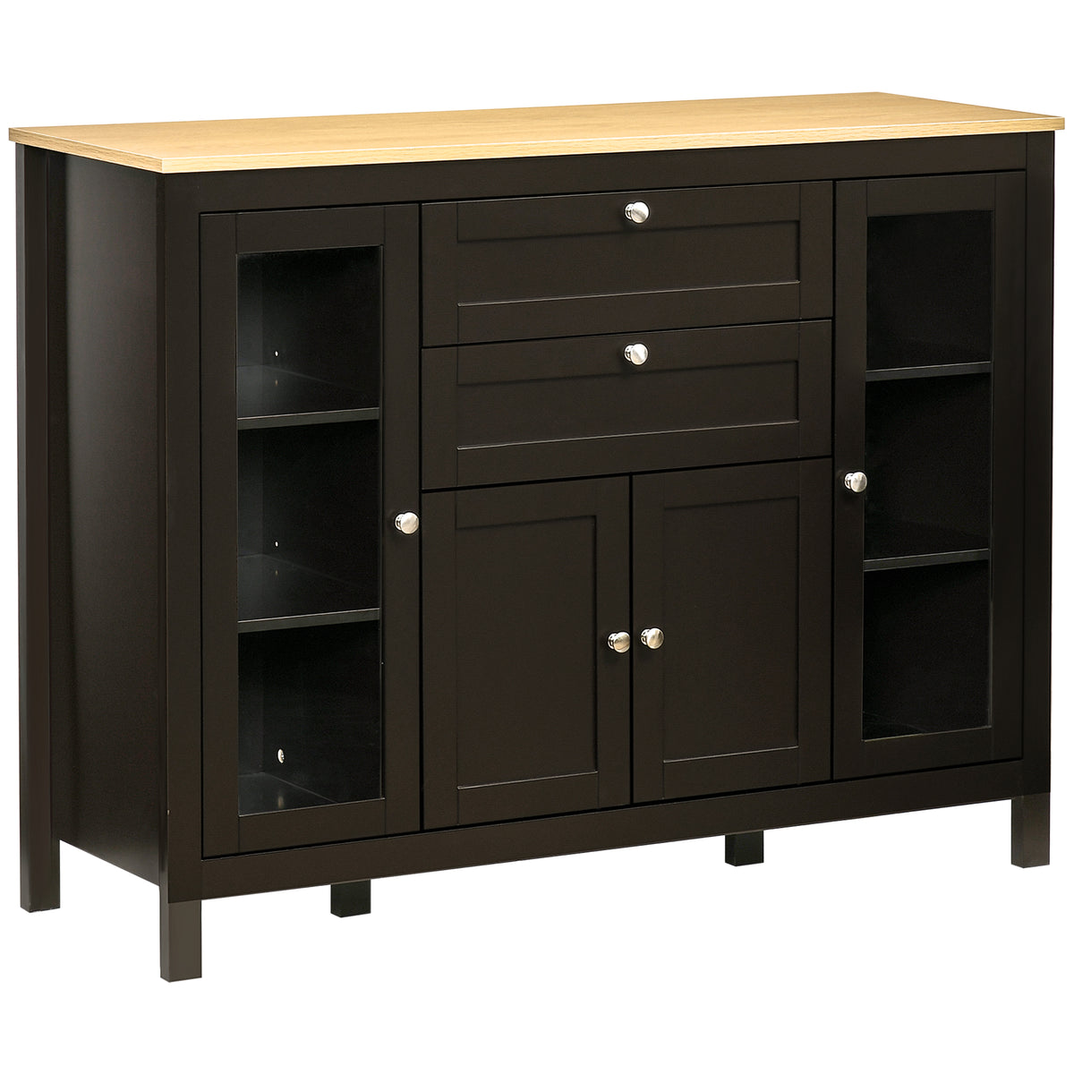 Black and oak sideboard with framed glass doors, two drawers and oak-effect top