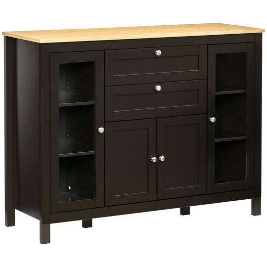 Black and oak sideboard with framed glass doors, two drawers and oak-effect top