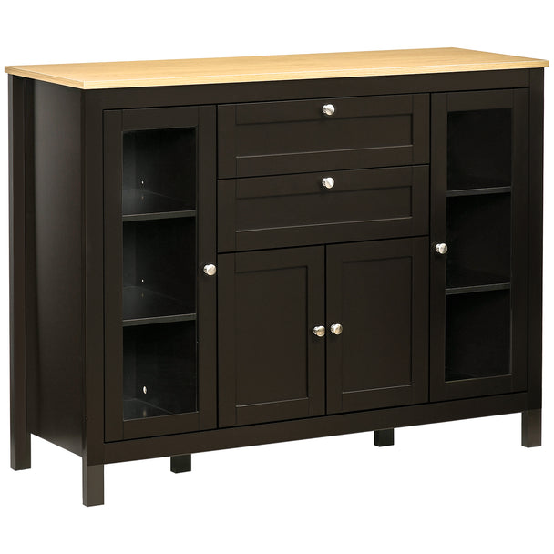 Black and oak sideboard with framed glass doors, two drawers and oak-effect top