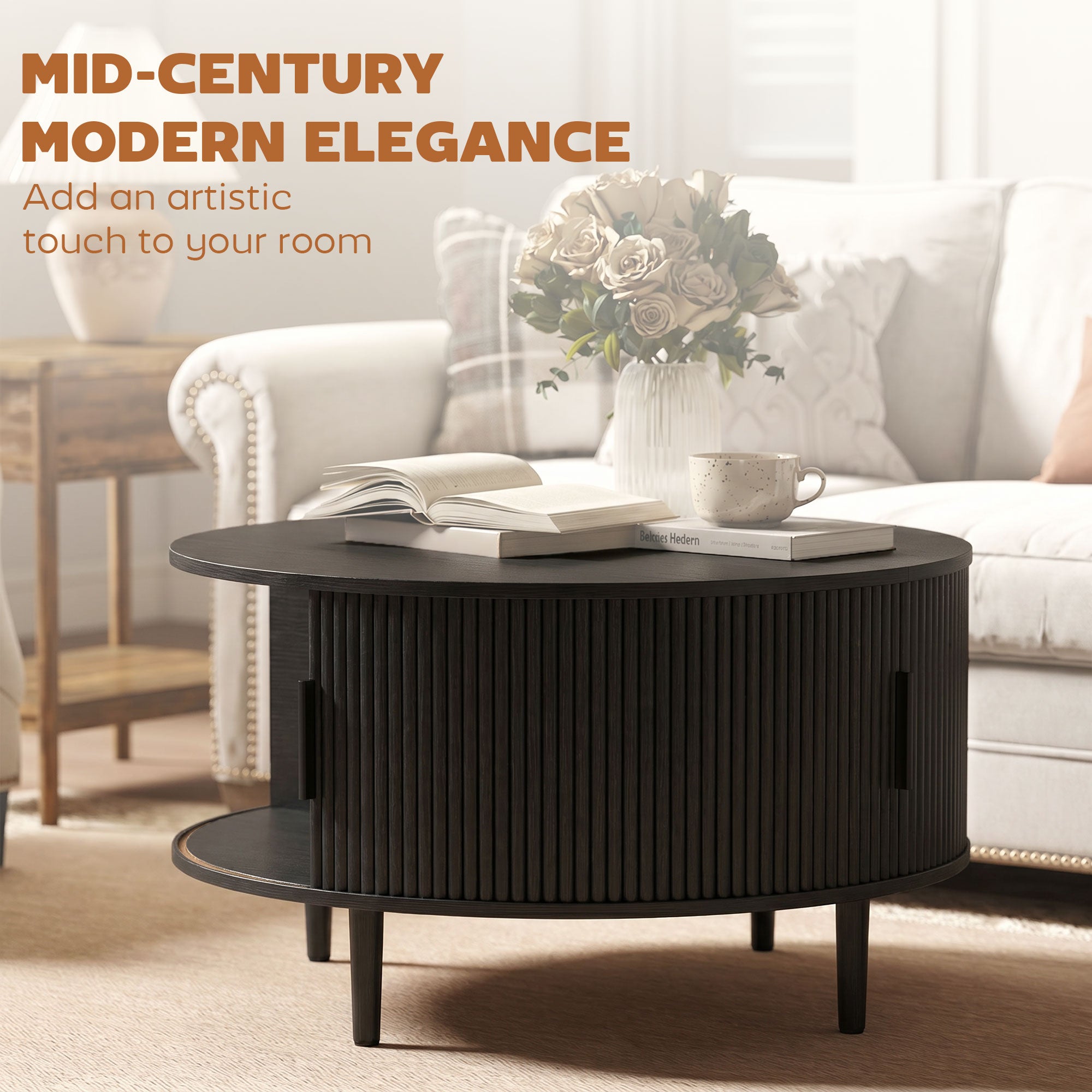 Coffee Table with Lift Top and Hidden Storage, Round Centre Table with Fluted Sliding Door, 80 cm, Black Wood Effect
