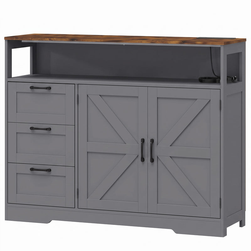 HOMCOM Sideboard Cabinet with Power Outlet, Farmhouse Kitchen Cabinet with 3 Drawers and Open Shelf, Grey