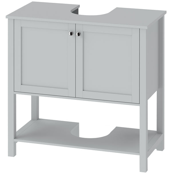 Light blue under-sink bathroom cabinet with two doors, open shelf and U-shaped pedestal cut-out
