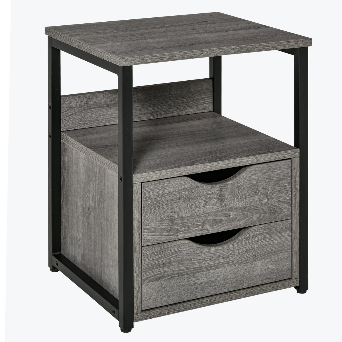 49 cm Industrial Side Table with 2 Drawers & Open Shelf – Grey