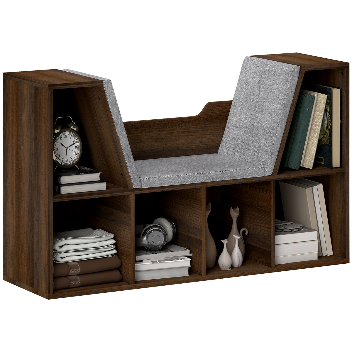 6-Cube Bookcase with Cushioned Reading Seat – Chestnut