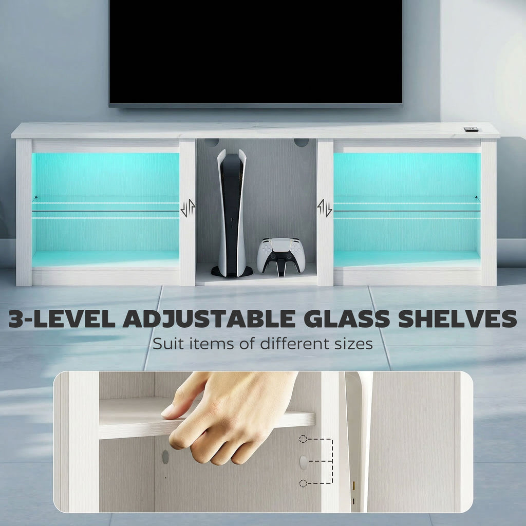 70in TV Stand, with LED Lights and Storage - White