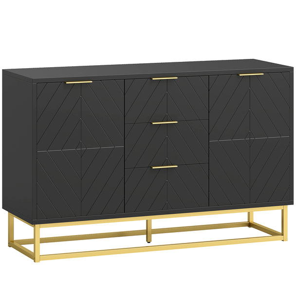 Black 120 cm sideboard with three drawers, two cupboards and gold-tone base