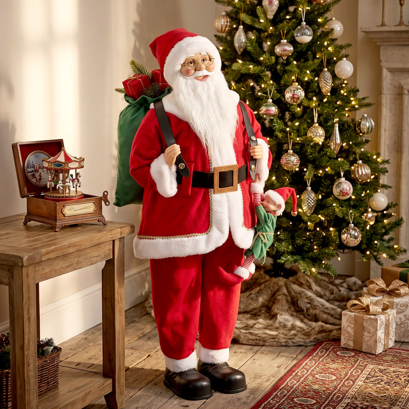 4ft Singing Santa beside a decorated Christmas tree
