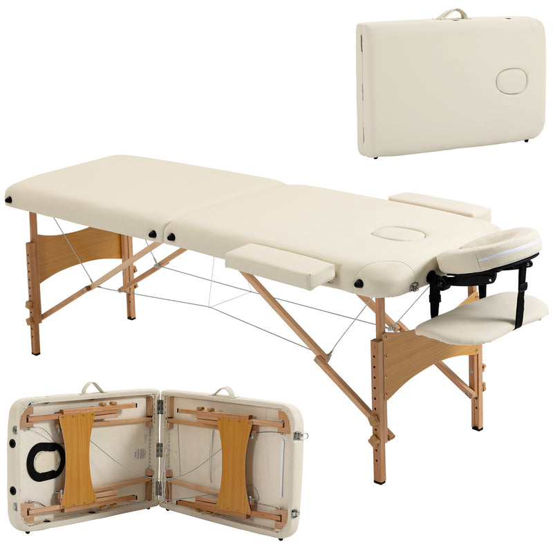 Cream two-section folding wooden massage table with removable headrest and armrests