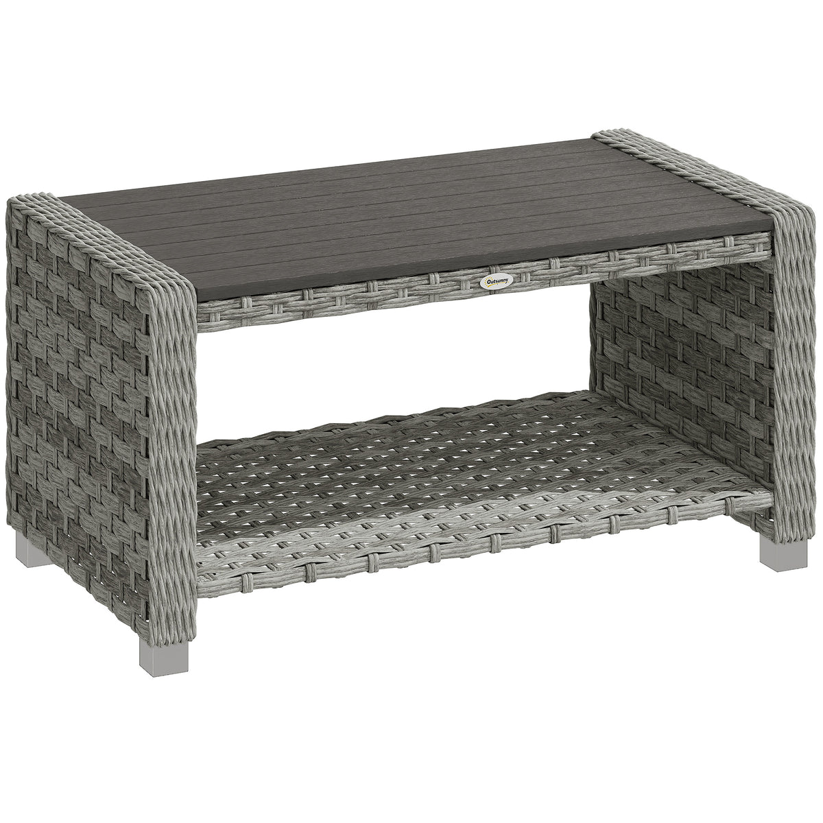 90 cm grey PE rattan garden coffee table with slatted top and lower storage shelf