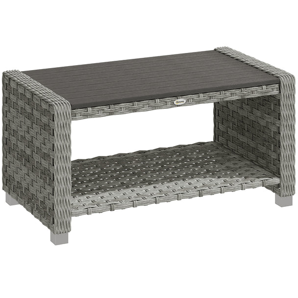 Outsunny Outdoor Coffee Table with Storage Shelf, PE Rattan Side Table with Slatted Top and Foot Pads, Grey