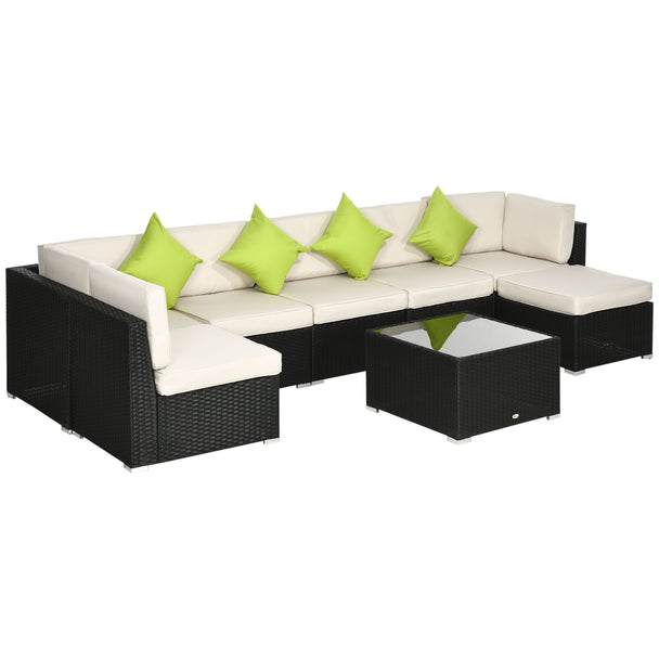 Black 8-piece modular rattan corner sofa set with khaki cushions, footstool and glass table