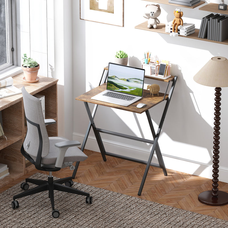 HOMCOM 70 cm Folding Computer Desk with Monitor Shelf - Rustic Brown – view 2