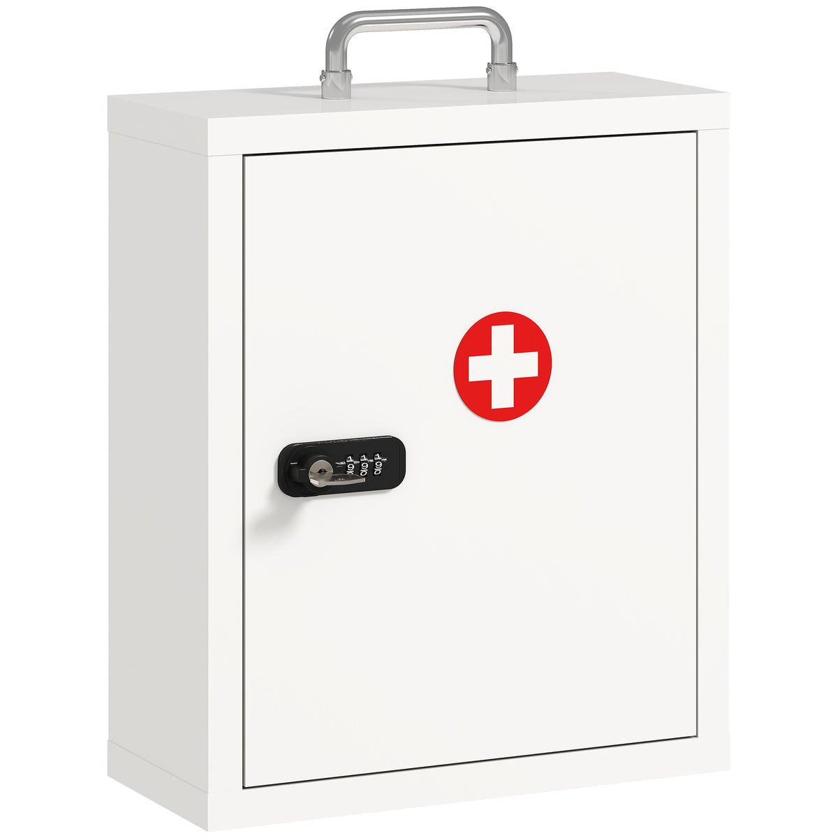 White wall-mounted steel medicine cabinet with red cross, combination and key lock and three-tier interior
