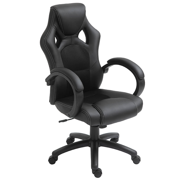 Black faux leather swivel office chair with mesh panel, padded seat, armrests and castor wheels