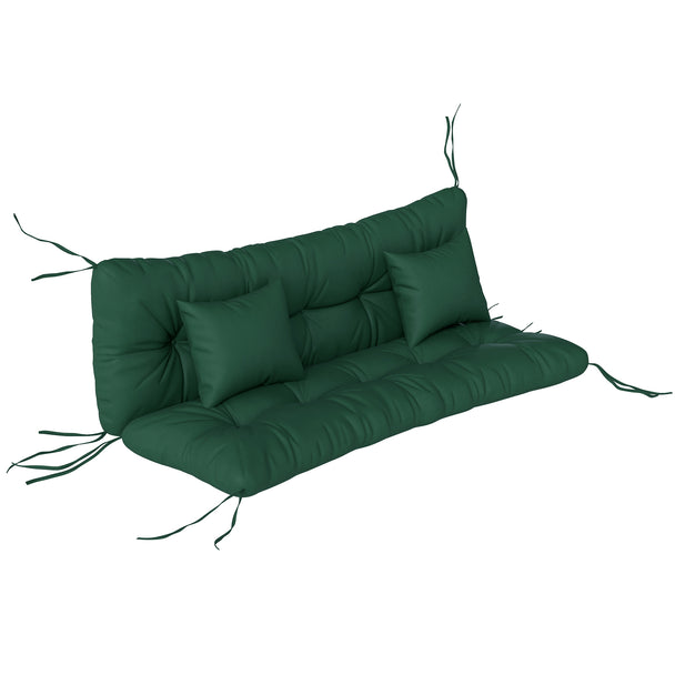 Green 3-seater seat and back cushion set with 2 pillows, 150 x 50 cm, on a garden bench
