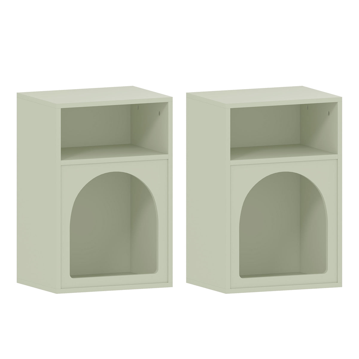 Set of two light green arched bedside tables with two open compartments each