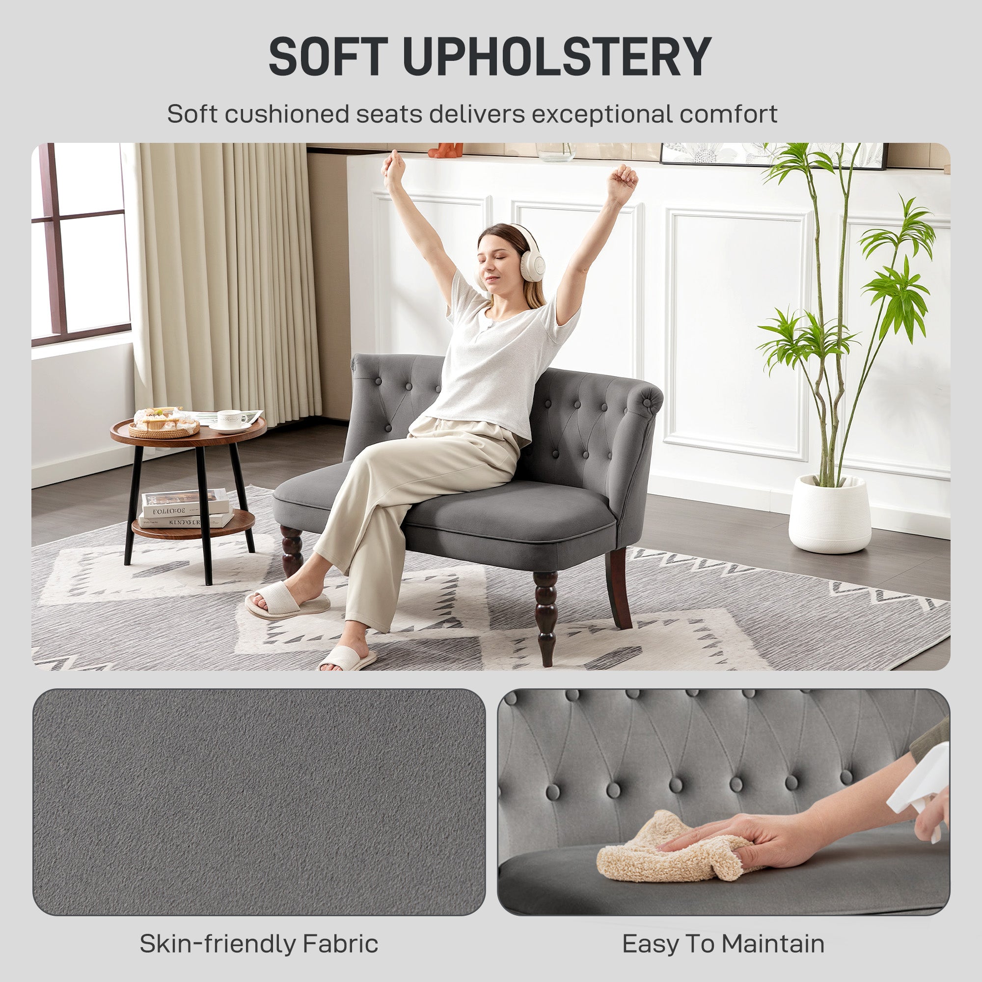 Velvet 2 Seater Sofa, Button Tufted Wingback Loveseat with Rubber Wood Legs for Living Room, Bedroom, Charcoal Grey
