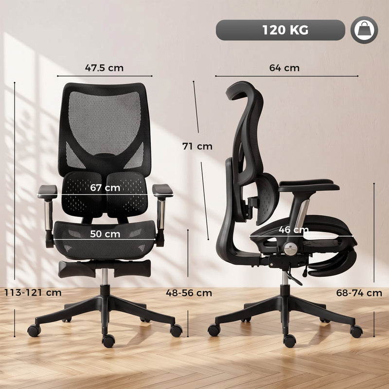 HOMCOM Ergonomic Office Chair with Lumbar Support, Mesh Reclining Desk Chair with Footrest, Adjustable High Back, Black – view 3