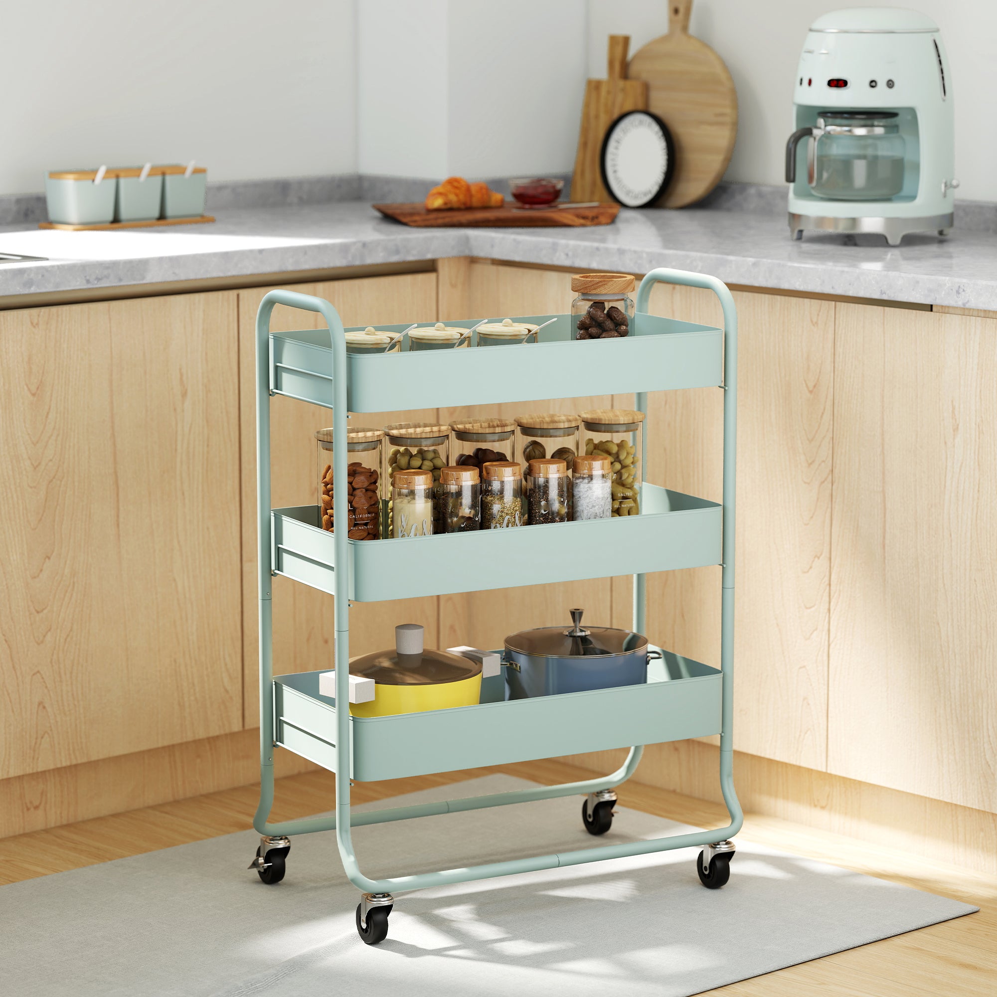HOMCOM 3-Tier Storage Trolley on Wheels with Mesh Baskets - Light Green
