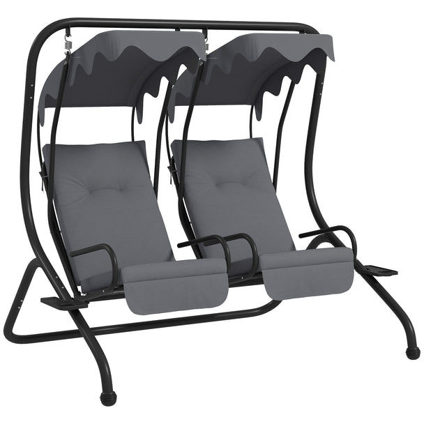 Grey 2-seat garden swing with independent rocking seats, canopies and cup holders