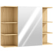 Natural wood-finish wall-mounted mirror bathroom cabinet with six open side compartments