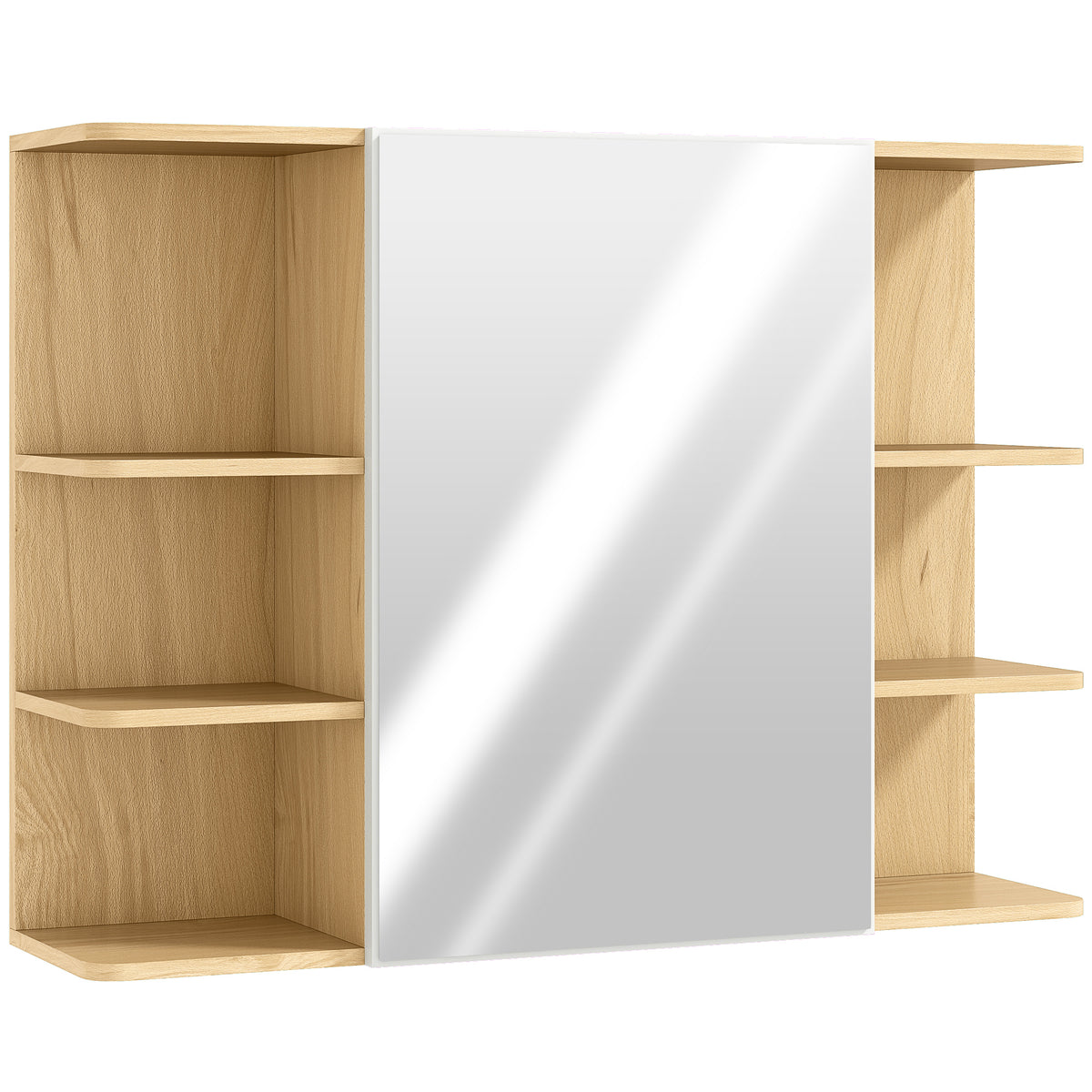 Natural wood-finish wall-mounted mirror bathroom cabinet with six open side compartments
