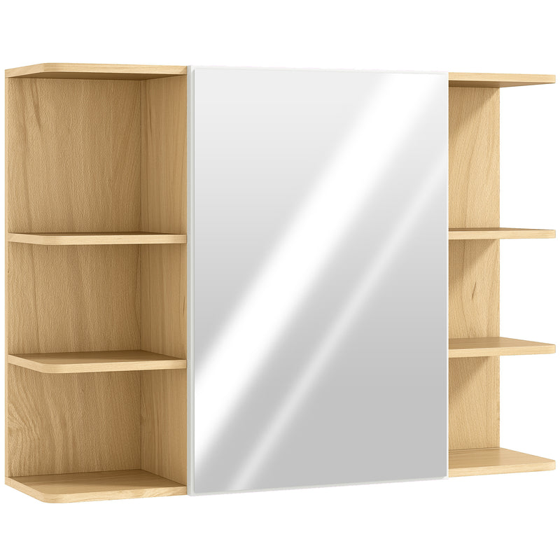 Natural wood-finish wall-mounted mirror bathroom cabinet with six open side compartments