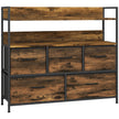 Rustic brown storage unit with five fabric drawers, open shelf and black steel frame