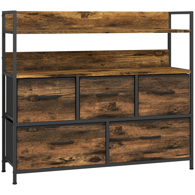 Rustic brown storage unit with five fabric drawers, open shelf and black steel frame