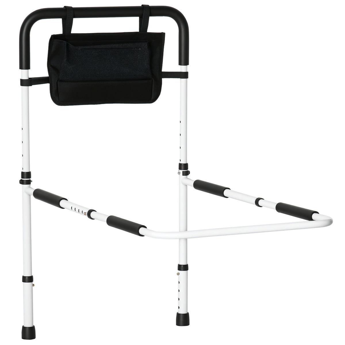 White height-adjustable bed assist rail with foam grip and side storage pocket fitted to a bed