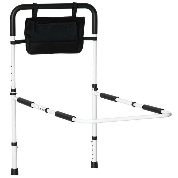 White height-adjustable bed assist rail with foam grip and side storage pocket fitted to a bed