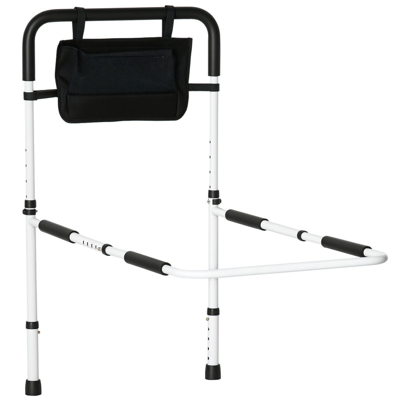 White height-adjustable bed assist rail with foam grip and side storage pocket fitted to a bed