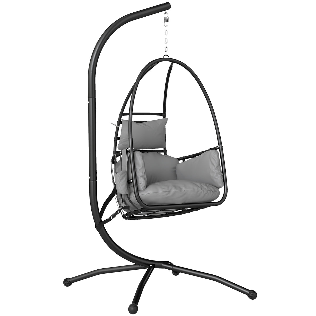 Outsunny Hanging Egg Chair, Indoor Outdoor Swinging Hammock Chair with Stand, Foldable Basket, Side Pocket, Dark Grey