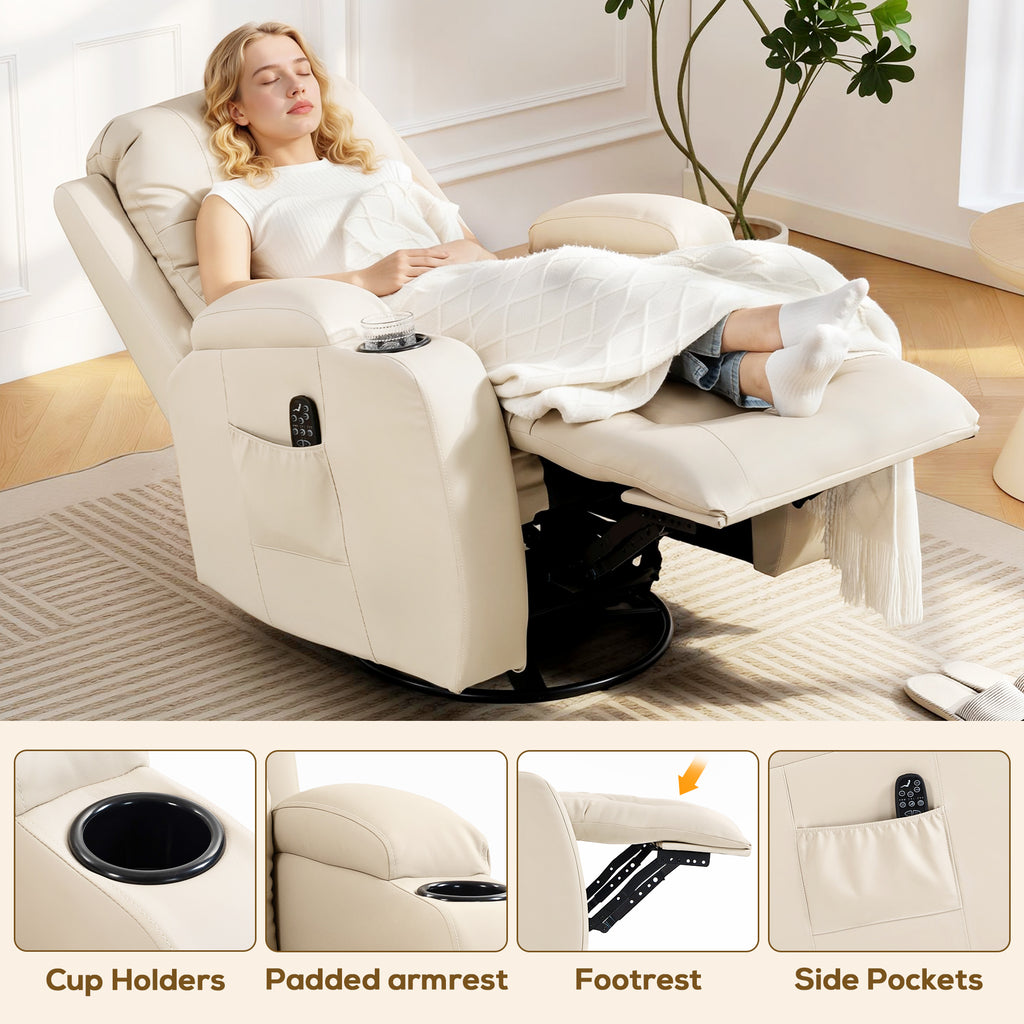 PU Leather Recliner Chair, Recliner Armchair with Extended Footrest, Cup Holders and Side Pockets, Cream