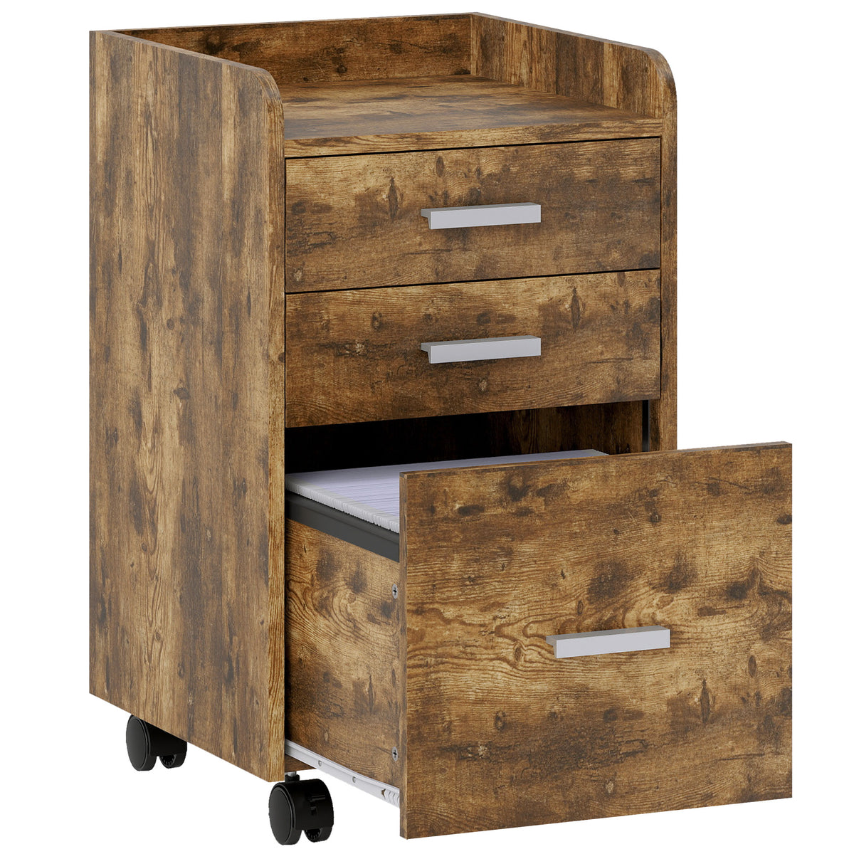 HOMCOM 3 Drawer Filing Cabinet, Rolling File Cabinet with Edged Top for Letter, A4 Size, Hanging File Folders, Rustic