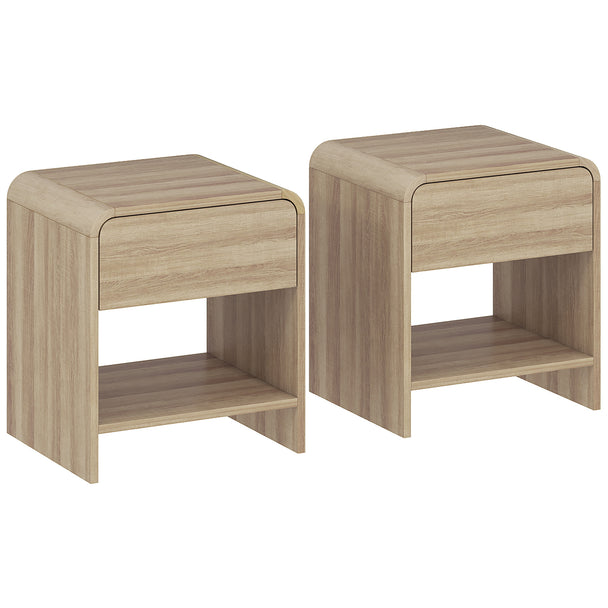 Set of 2 natural wood-effect bedside tables with rounded corners, drawer and open shelf