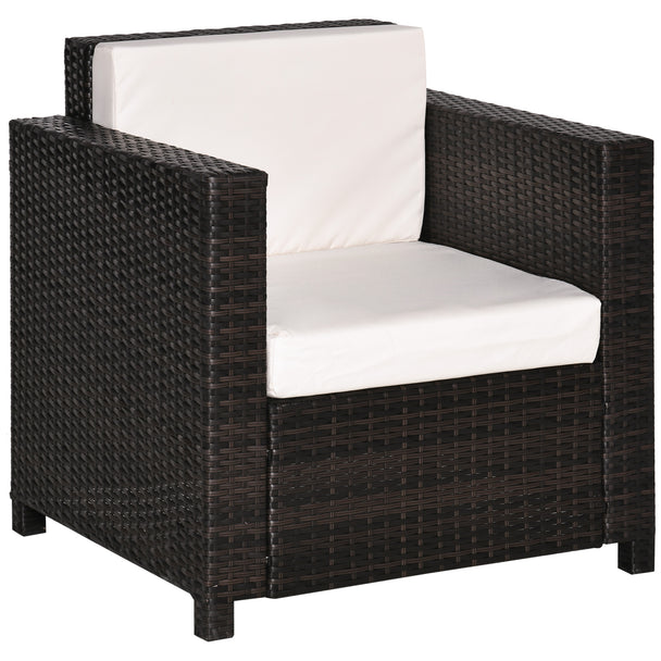 Mixed brown rattan garden armchair with thick cream white cushions