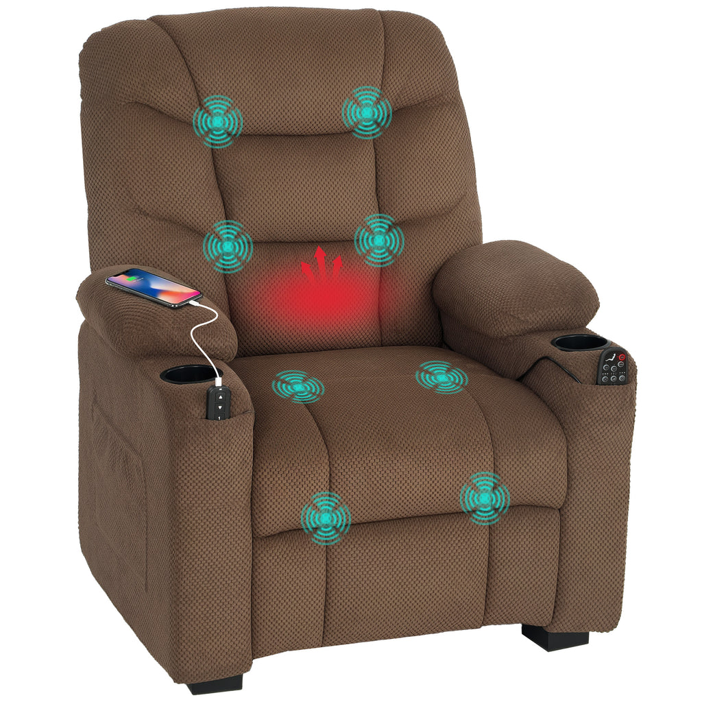 Electric Massage Recliner Armchair with Vibration, Heat, Whisper-Quiet Motor, Memory Function, Fleece Power Reclining Chair with Spring Pack, USB Port, Footrest, Side Pocket, Brown