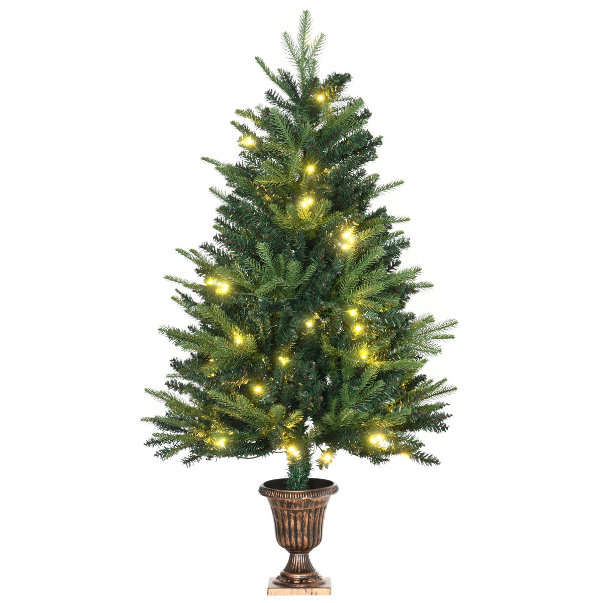 4ft pre-lit green artificial Christmas tree with 80 warm LEDs in a decorative vase-style base