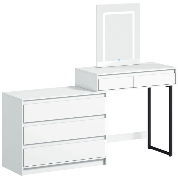 White 150 cm dressing table with LED mirror, two tabletops and five drawers