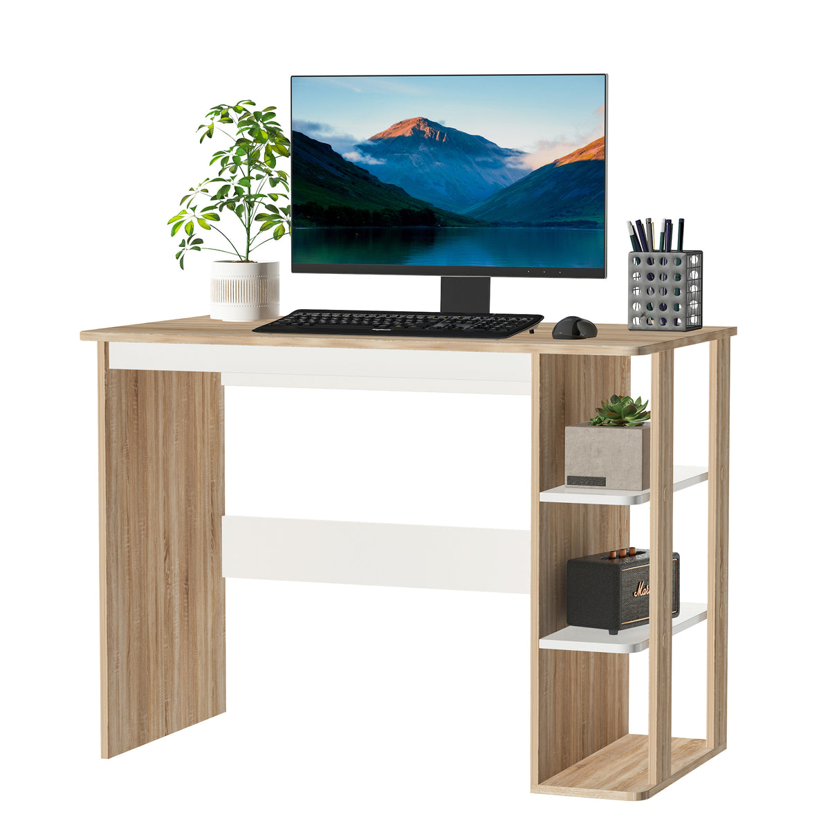 Oak-effect and white 100 cm writing desk with three-tier side storage shelf