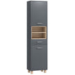 Tall matte grey bathroom cabinet with two cupboards, drawer and wood-effect open shelves