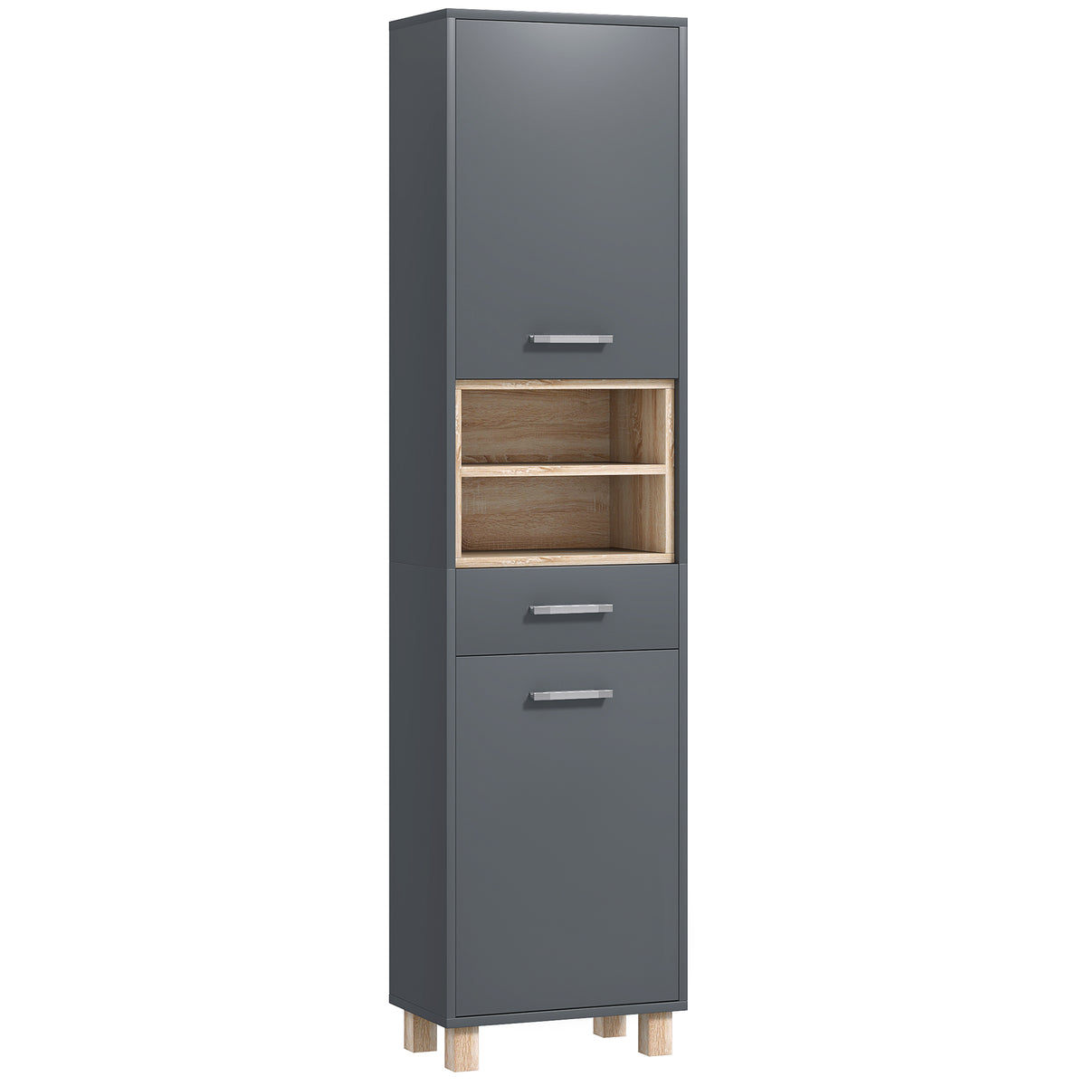 Tall matte grey bathroom cabinet with two cupboards, drawer and wood-effect open shelves